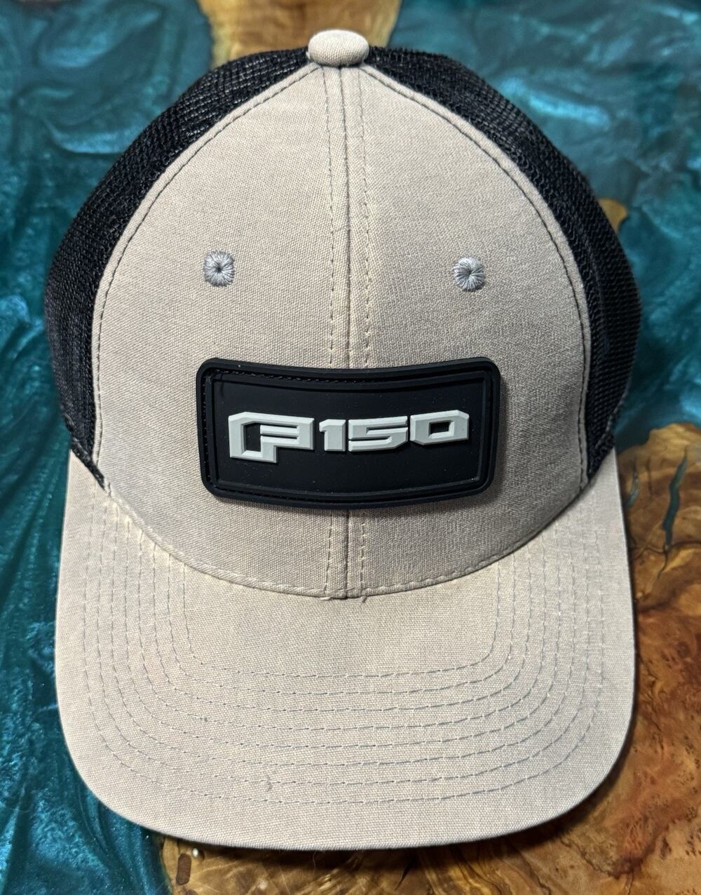 Ford F-150 Trucker Hat, Tan Cotton Canvas with Black Mesh, Mid Profile Snapback